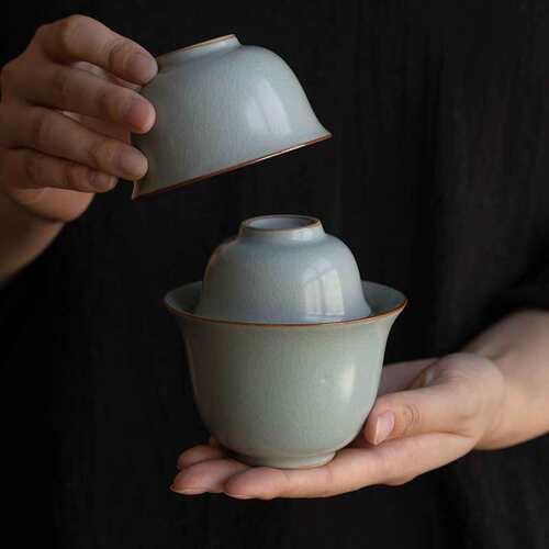 汝窑快客杯一壶二杯旅行茶具便携袋单人汝瓷开片可养金丝铁线青釉