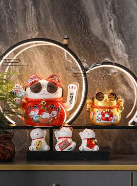 招财猫双灯圈两个招财摆件店铺开业创意礼品家居乔迁开业送礼代发