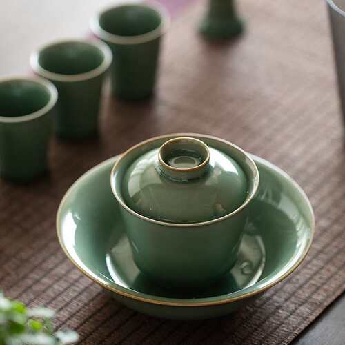 越窑青瓷二才盖碗茶杯单个泡茶碗带盖家用小号梅子青手抓泡茶盖碗