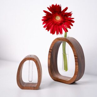 胡桃木实木客厅插花花瓶桌面玻璃试管迷你水培花器轻奢高级感摆件