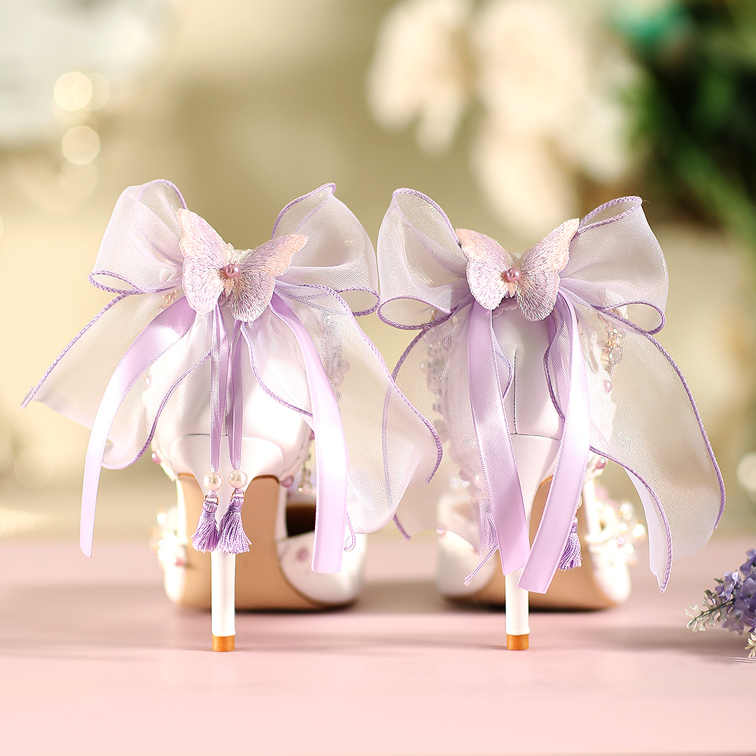 减龄甜美仙紫色花朵蕾丝高跟女鞋