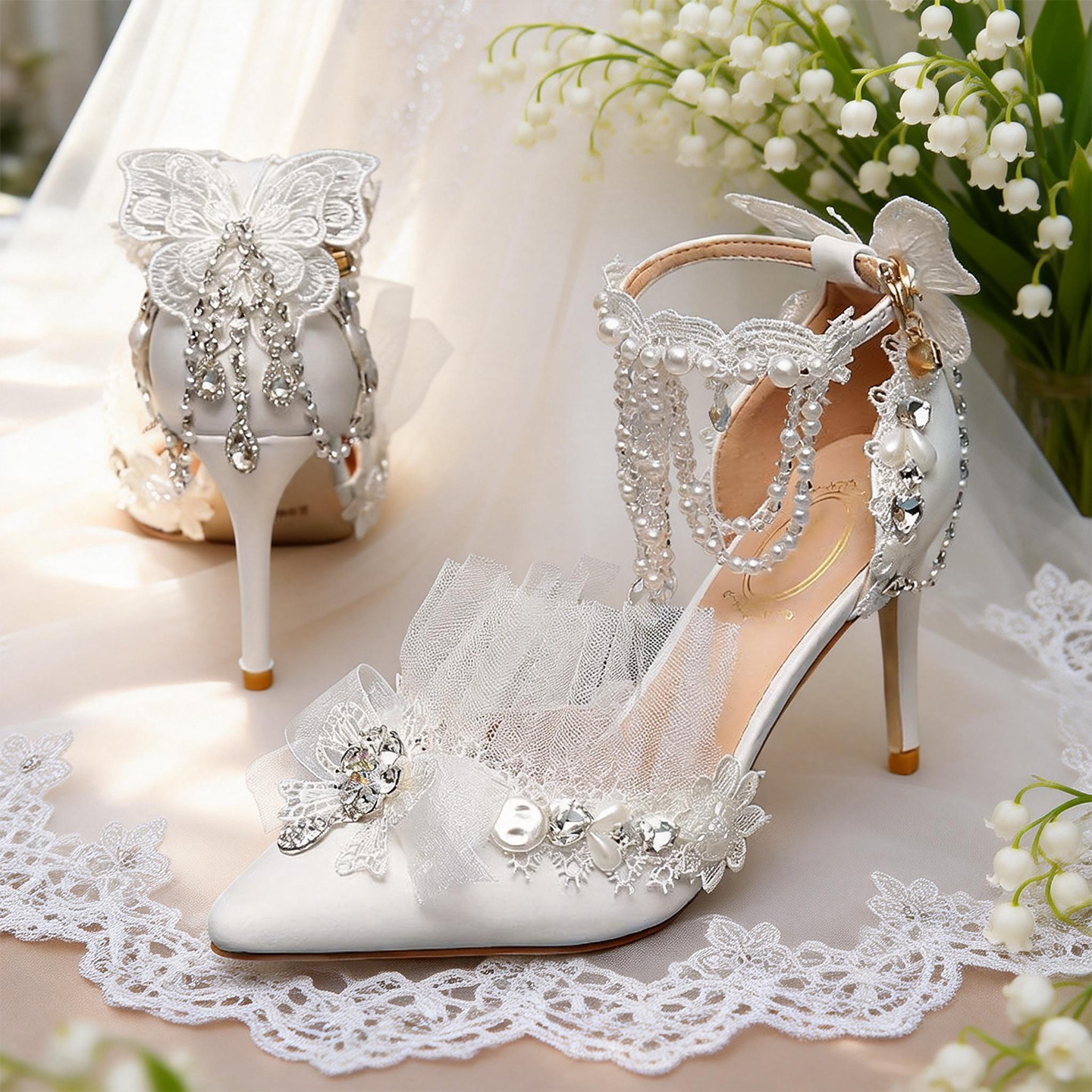 法式宫廷白色蕾丝蝴蝶cos洛丽塔尖头珍珠水钻流苏腕带细高跟女鞋,女鞋,婚鞋,淘宝优惠券,粉丝福利购,淘宝优惠卷