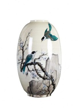 新中式创意手工彩绘山雀鸟陶瓷花瓶摆件样板房间家居餐桌花器摆设