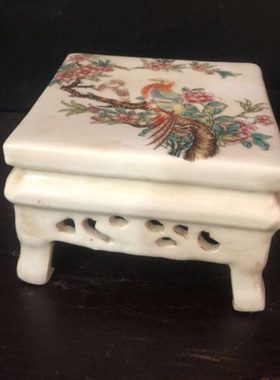 民国粉彩花鸟图案四方桌子（小号）家居装饰摆件玩玉仿古做旧收藏