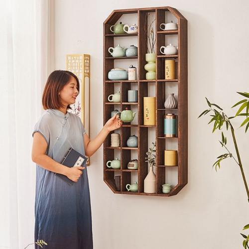 中式实木多宝阁博古架壁挂式简约茶壶置物架茶杯展示架茶具架挂墙