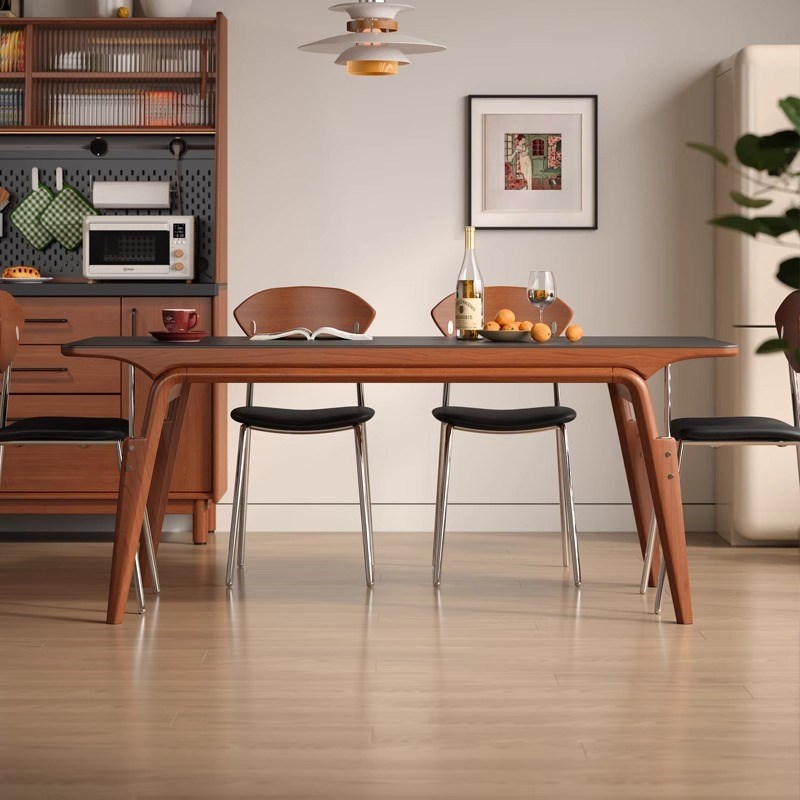 实木岩板餐桌g小户型家用黑色岩板中古风复古长方形桌椅组合