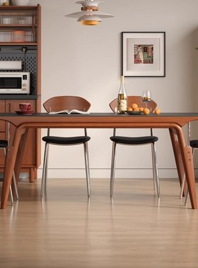 实木岩板餐桌g小户型家用黑色岩板中古风复古长方形桌椅组合