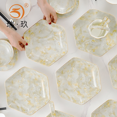 骨瓷家用多个装拼盘创意轻奢六边深盘菜盘聚Q会家宴圆桌餐具组合