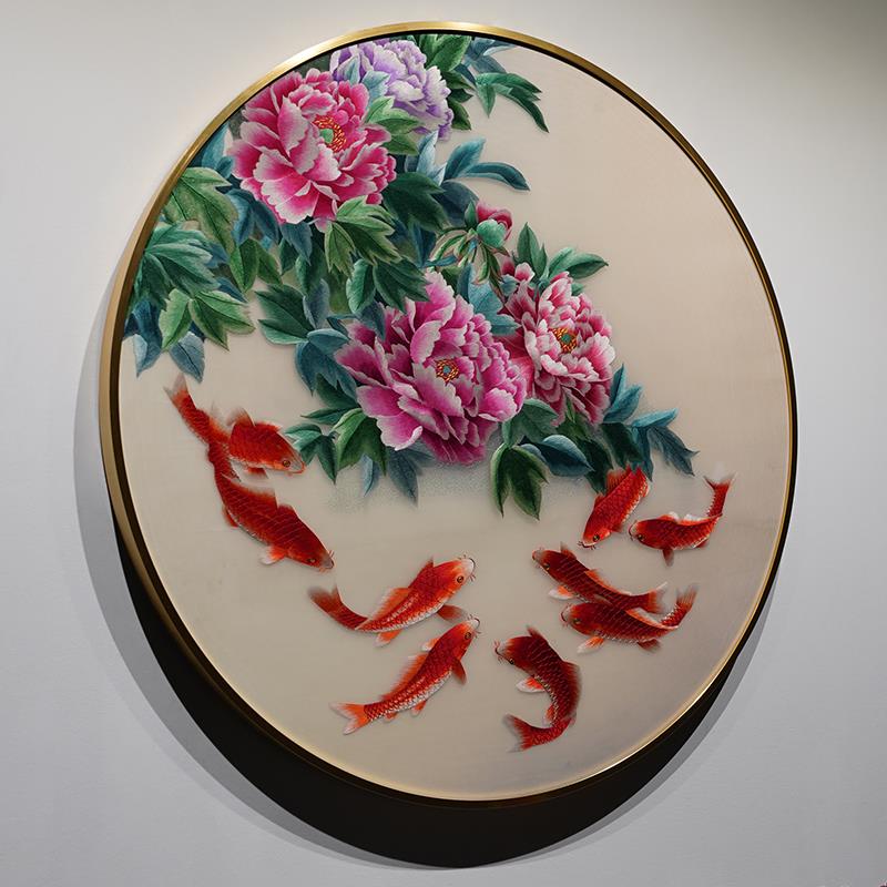 九鱼图刺绣画新中式手工苏绣玄关书房客厅沙发墙圆形成品装饰画图片