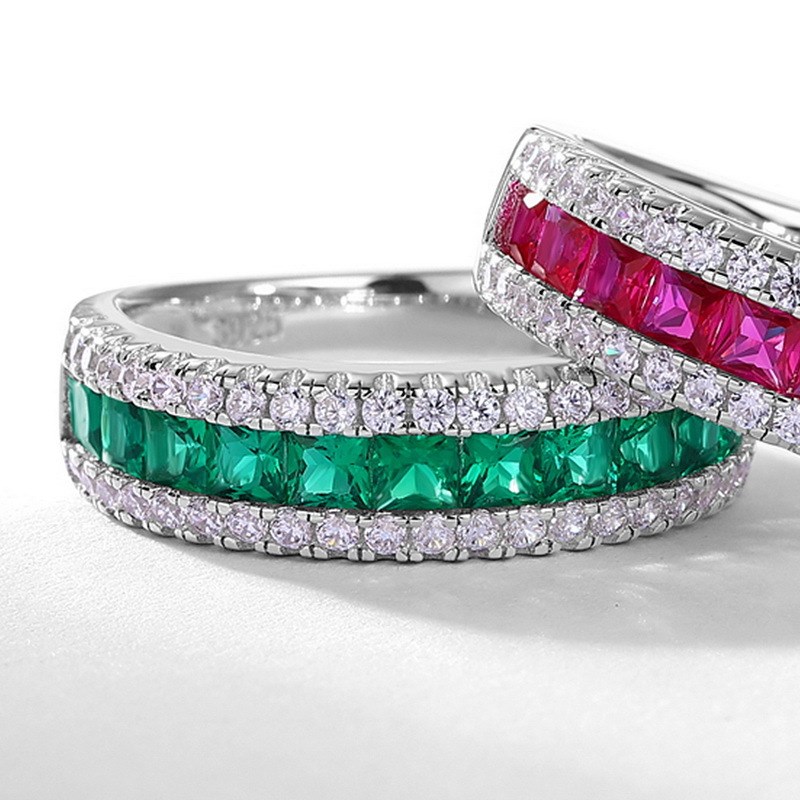 跨境爆款经典无边镶培育祖母绿戒指女SH925银镶培育彩宝食指戒定