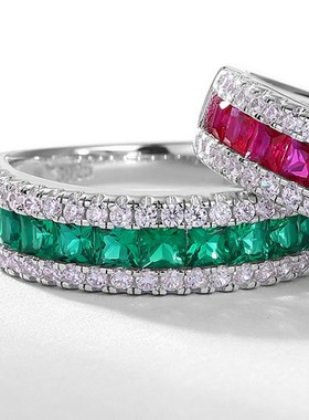 跨境爆款经典无边镶培育祖母绿戒指女SH925银镶培育彩宝食指戒定