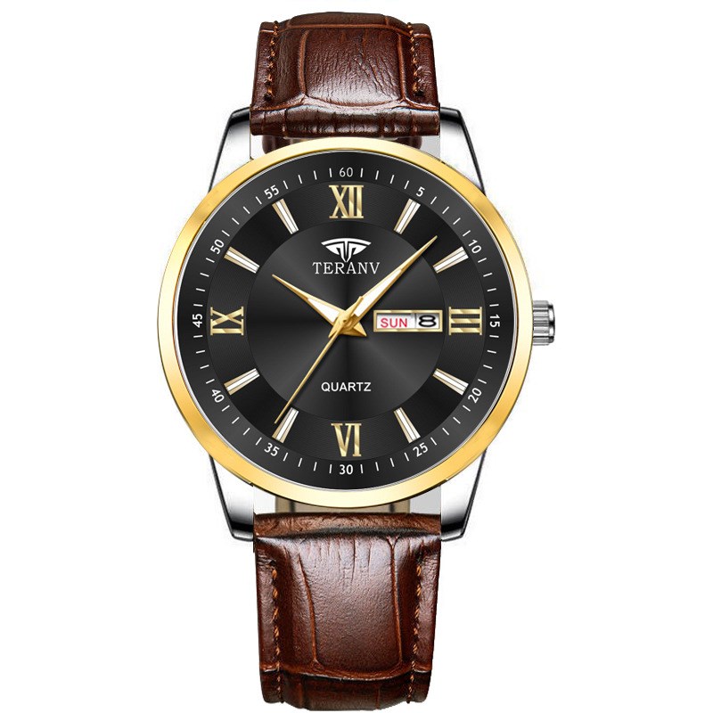 蝴蝶扣时尚超薄男k士商务精钢表带双日历夜光防水石英表中英文手