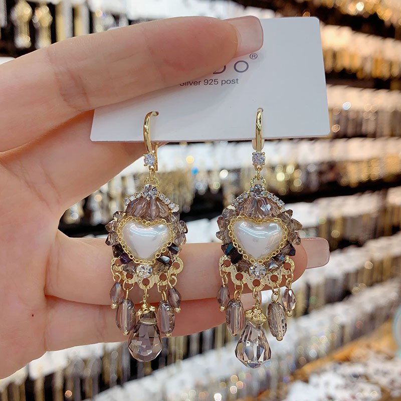 手工款轻奢爱心珍珠水晶流苏耳钩网红个性L时尚耳环高级感显瘦耳