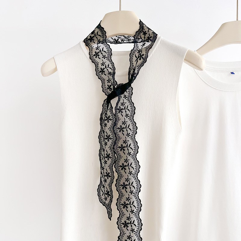 夏季搭肩日系花边蕾丝小披肩外搭薄款百搭纯色长条V丝巾发带腰带