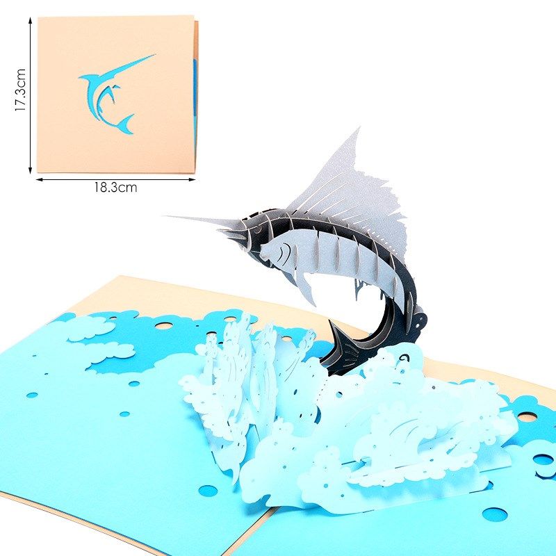 动漫儿童动物立体贺卡旗鱼3yD手工纸雕生日祝福留言小卡片