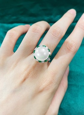 珠a宝 2023新款925银欧美款贝珠戒指镶嵌绿锆时尚百搭简约款