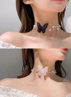 蝴蝶颈链b女项链2025年新款女冷淡风锁骨链女夏设计感珍珠项圈短