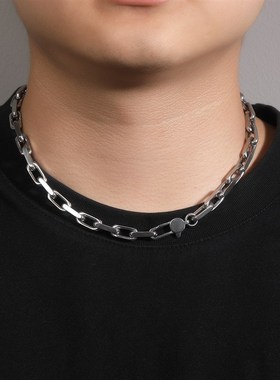 欧美嘻哈不锈钢项链男个性时尚百B搭抛光长方形几何环扣项链潮饰