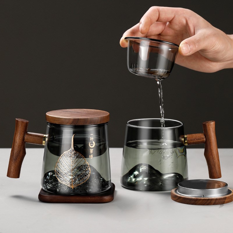 菩提泡茶杯侧木把r手带盖玻璃茶水分离三件杯喝水杯功夫茶
