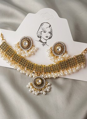 欧美跨境货源满镶珍珠亮片靓闪复古项链套装耳Q环个性拼色耳环链