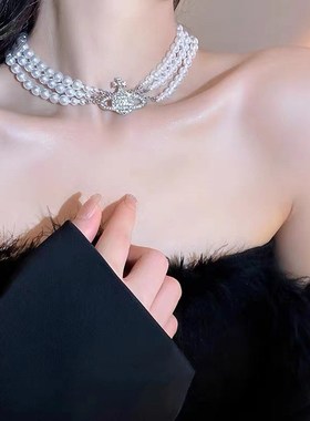 土星珍珠项d链2023新款轻奢小众脖颈链高级珍珠项链小众设计感
