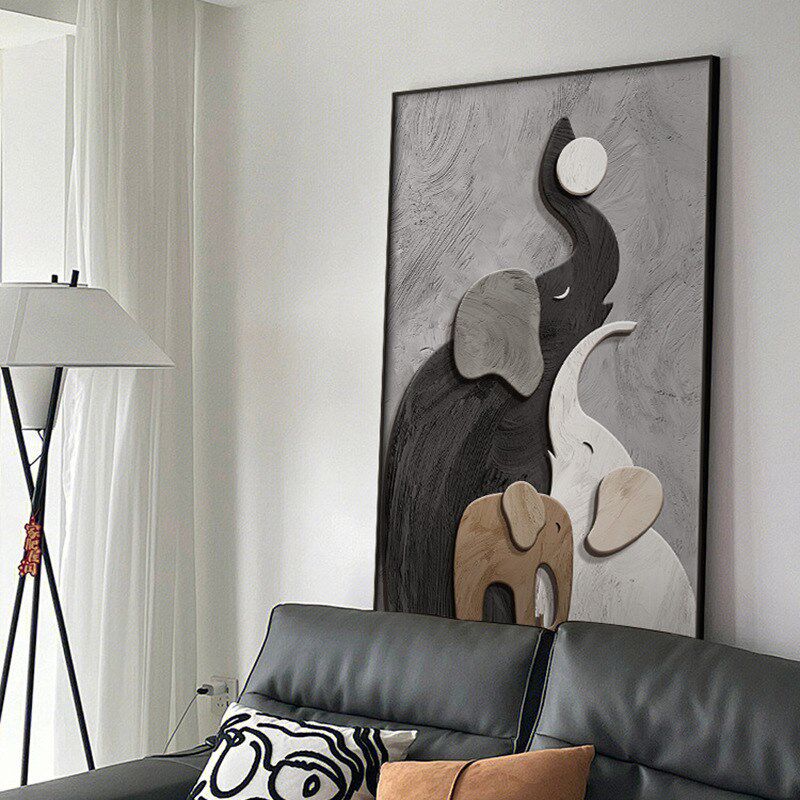大象装饰画沙发背景墙挂画u客厅轻奢玄关高级感壁画黑白灰风格落