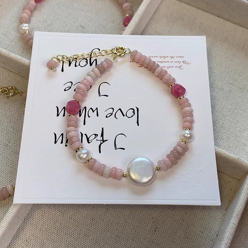 巴洛克纽扣方块h淡水珍珠粉色蔷薇石手链女气质网红多巴胺串珠手