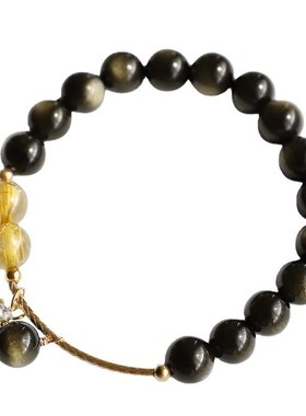 【金钥匙】双金眼金曜石黄水晶手链女天L然水晶黑曜石手串