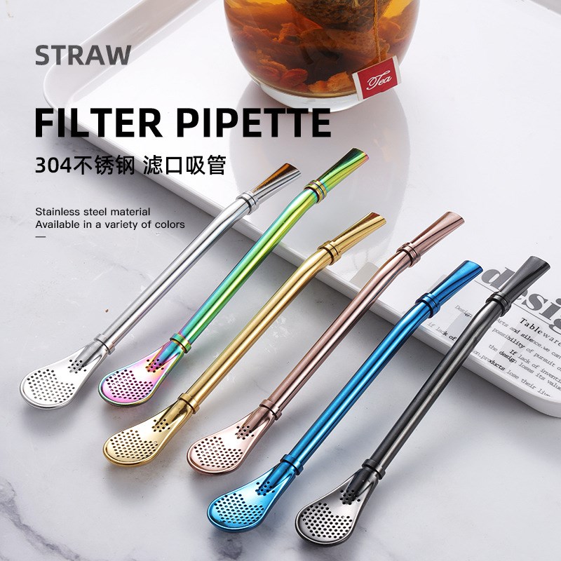 马黛茶吸管不锈钢创意过滤吸管勺子咖啡搅拌N花茶果汁过滤金属饮