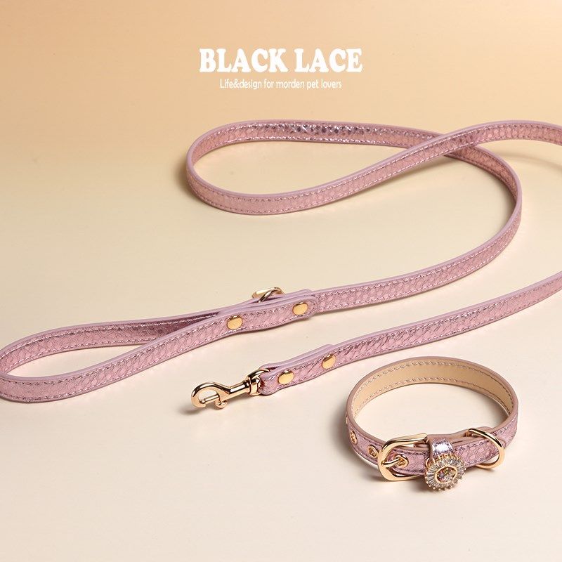 嘿宠荟BLACKLACE猫狗项圈皮质通用中小型犬铃铛金属粉牵引绳可爱