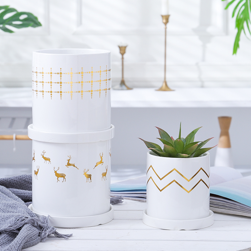 陶瓷花盆北欧圆柱形几何纹理盆卡通贴花室内外多肉绿萝盆栽带托盘