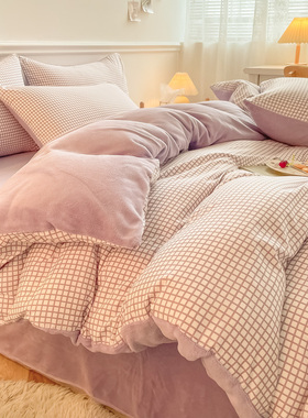 少女紫色格子单面绒四件面法兰绒单件被加绒三件