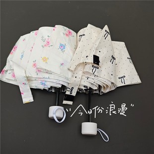 甜系奶油底小黑波点蝴蝶结温柔小蔷薇轻便手动三折雨伞少女心学生