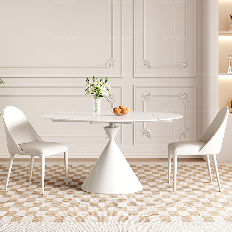 岩板餐桌椅组合现代简约家用小户型伸缩可旋转圆形饭桌法式奶油风