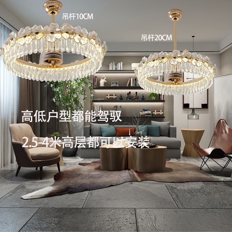 新款花朵造型水晶风扇灯客厅餐厅卧室全铜变频电机智能语音遥控器