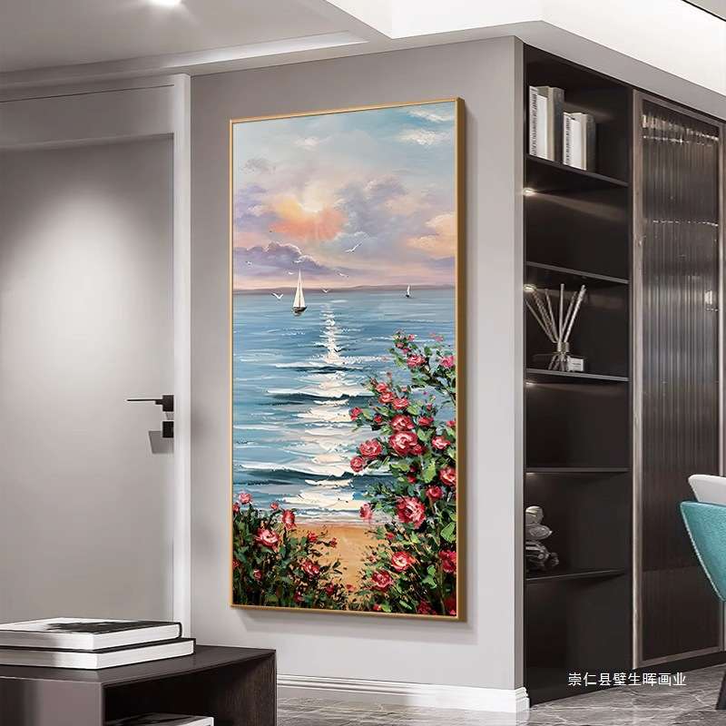 手绘油画进门入户玄关装饰画现代简约花卉客厅走廊挂画竖版风景画图片