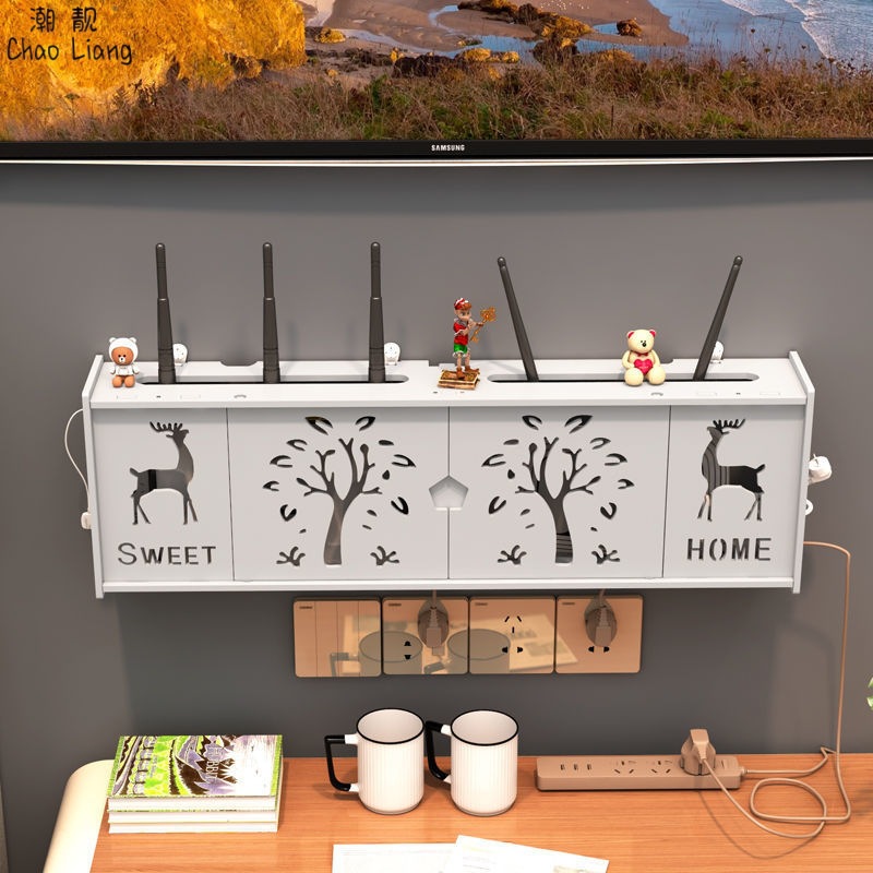 路由器收纳盒墙上wifi电视机上盒置物架免打孔壁挂式插排插座遮挡