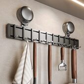 吸盘厨房挂钩挂杆免打孔厨房置物架锅铲勺子一体挂架壁挂式 收纳架