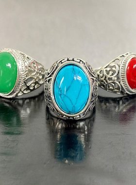 蒙古族元素戒指男女民族风指环复古首饰仿松石大宝石金属合金戒指