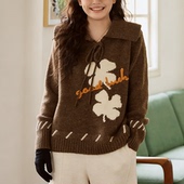 女装 幸运草毛衣撞色提花刺绣冬季 新款 大码 宽松胖MM大翻领毛衣 852