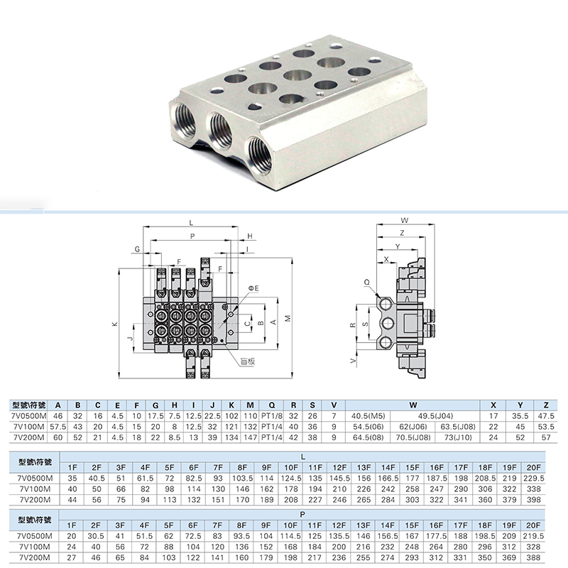 AirTAC亚德客电磁阀底座 7V100M2F 7V100M3F 7V100M4F 7V100M5F