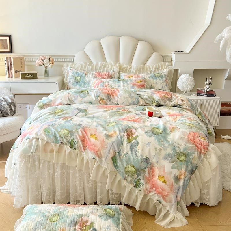 法式田园花卉夹棉床裙四件套四季款磨毛蕾丝加厚床罩4件套1.8m2米