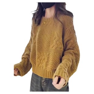 套头针织打底衫 麻花宽松大码 加厚24秋冬新款 100%山羊绒毛衣女短款