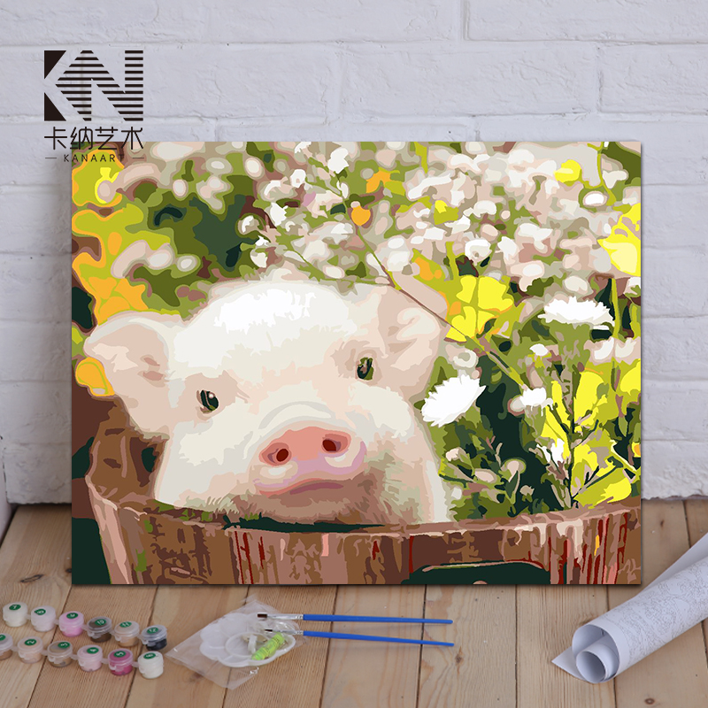 diy数字油画小猪兔子儿童卧室手工填色油彩装饰画 定制宠物减压画