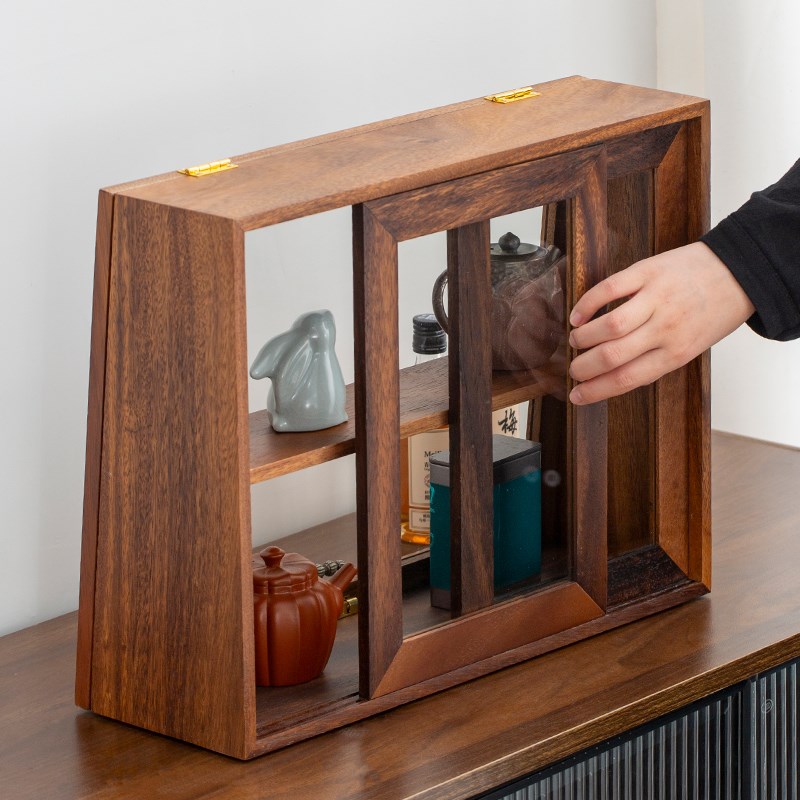 胡桃木桌面收纳柜透明玻璃糕点甜品展示置物柜茶器杯具防尘陈列柜