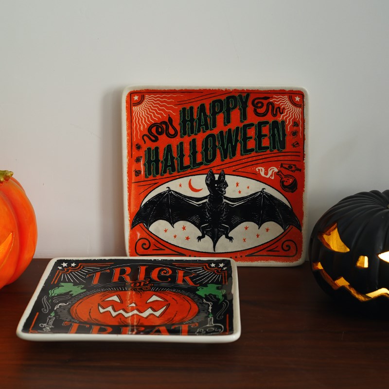 少量现货 出口欧美复古插画风万圣节南瓜蝙蝠主题8.5寸方盘西餐盘
