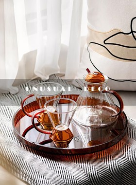 现代简约琥珀色玻璃泡茶茶壶x茶具摆件客厅餐桌厨房样板房软装饰