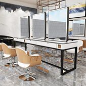 理发店镜台新款 美发店理石台面染烫台发廊不锈钢带灯网红剪发镜