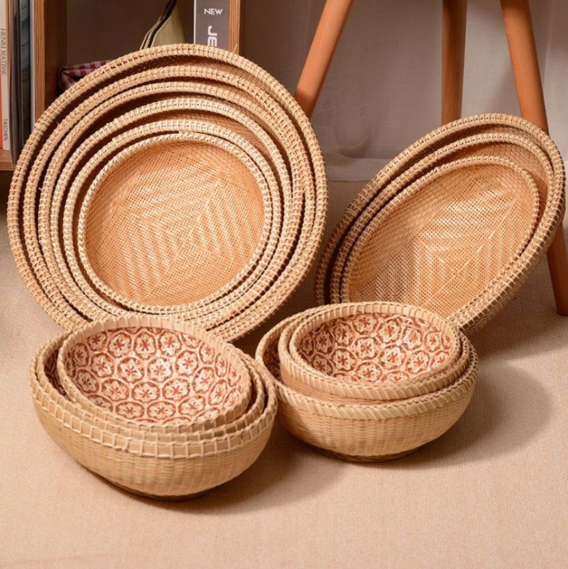 竹编水果盘蔬菜篮收纳篮子竹簸箕馒头筐鸡蛋篮客厅复古零食糖果篮