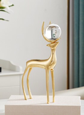 黄铜鹿摆件现代轻奢客厅电视柜酒柜水晶球鹿办公桌书房招财装饰品